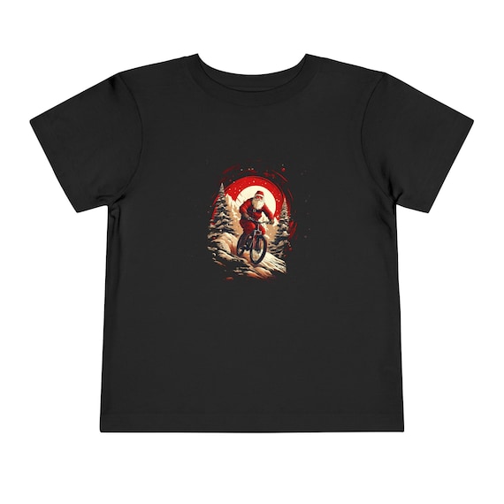 Santa Mountain Bike Toddler Shirt, Kids Christmas Bike Tee, Santa Riding MTB Toddler T-Shirt, Little Rider Holiday Gift